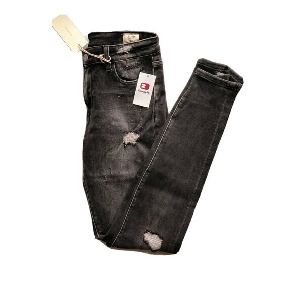 BRIDGE BY GLY Women's Black Destruct Denim Mid-Rise Skinny Stretch Jeans - Picture 8 of 12